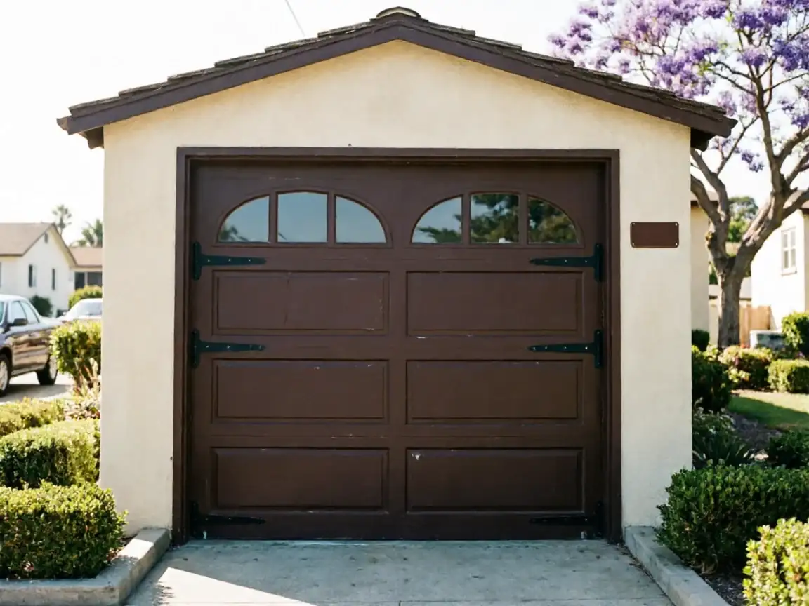 A brown garage door with arched windows is on a cream-colored house.