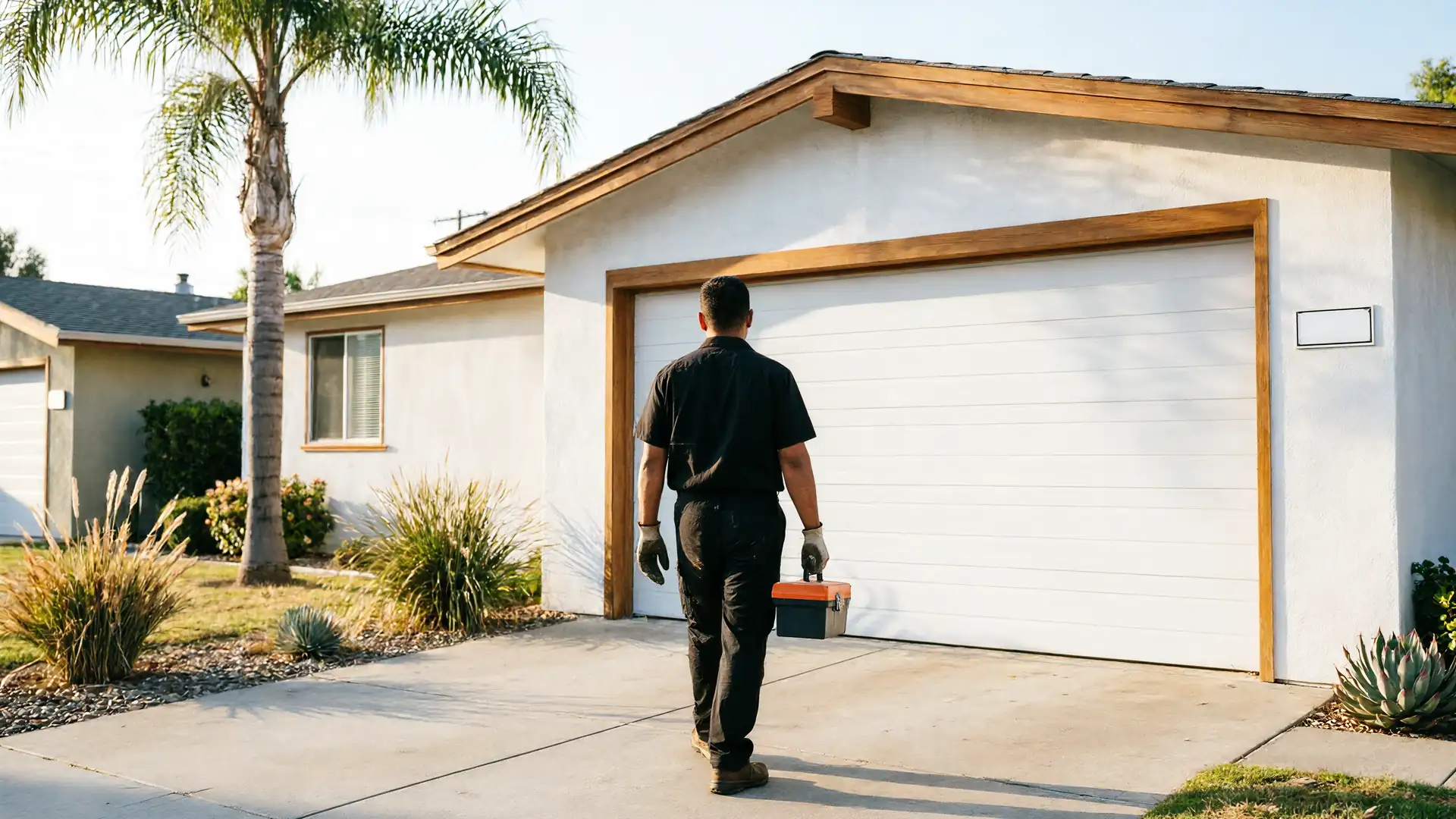 A technician walks toward a white garage door with a toolbox in hand.