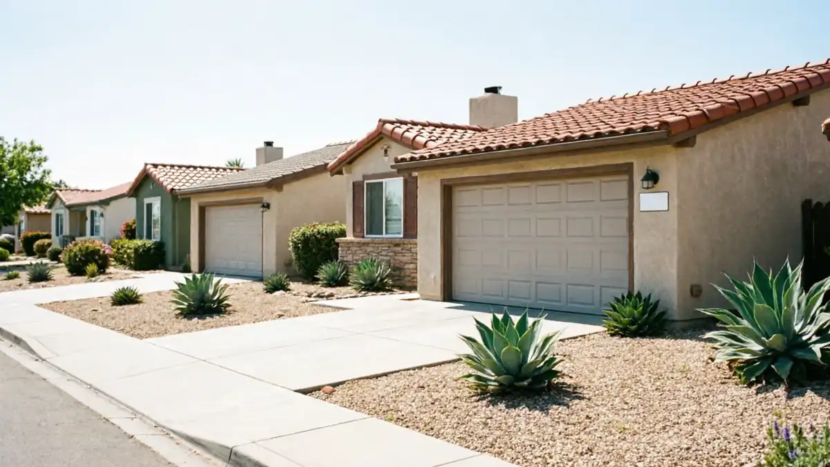 A row of houses with tan garage doors and desert landscaping.