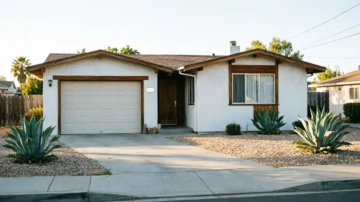 A white house with a beige garage door and agave plants in the front yard.