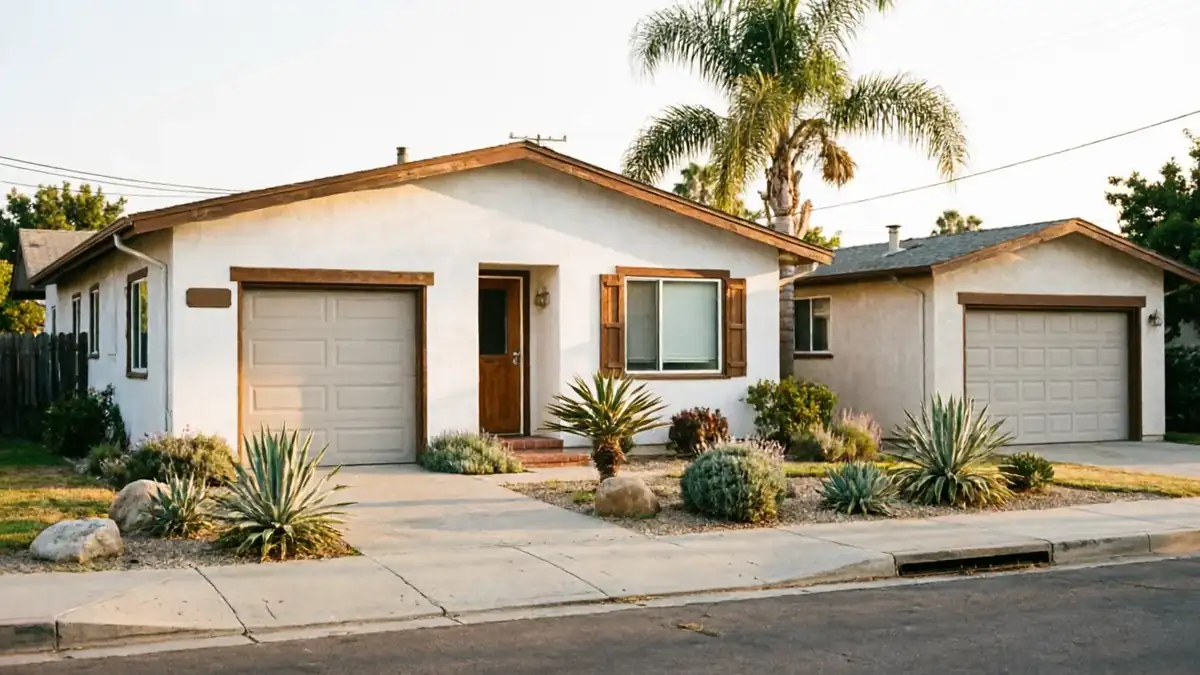Two white houses with tan garage doors and brown trim are visible from the street.