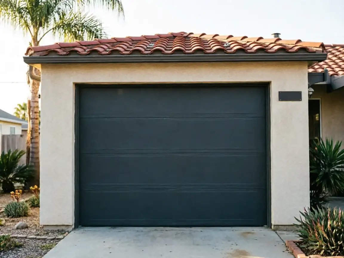 A dark gray garage door on a stucco house with a red tile roof.