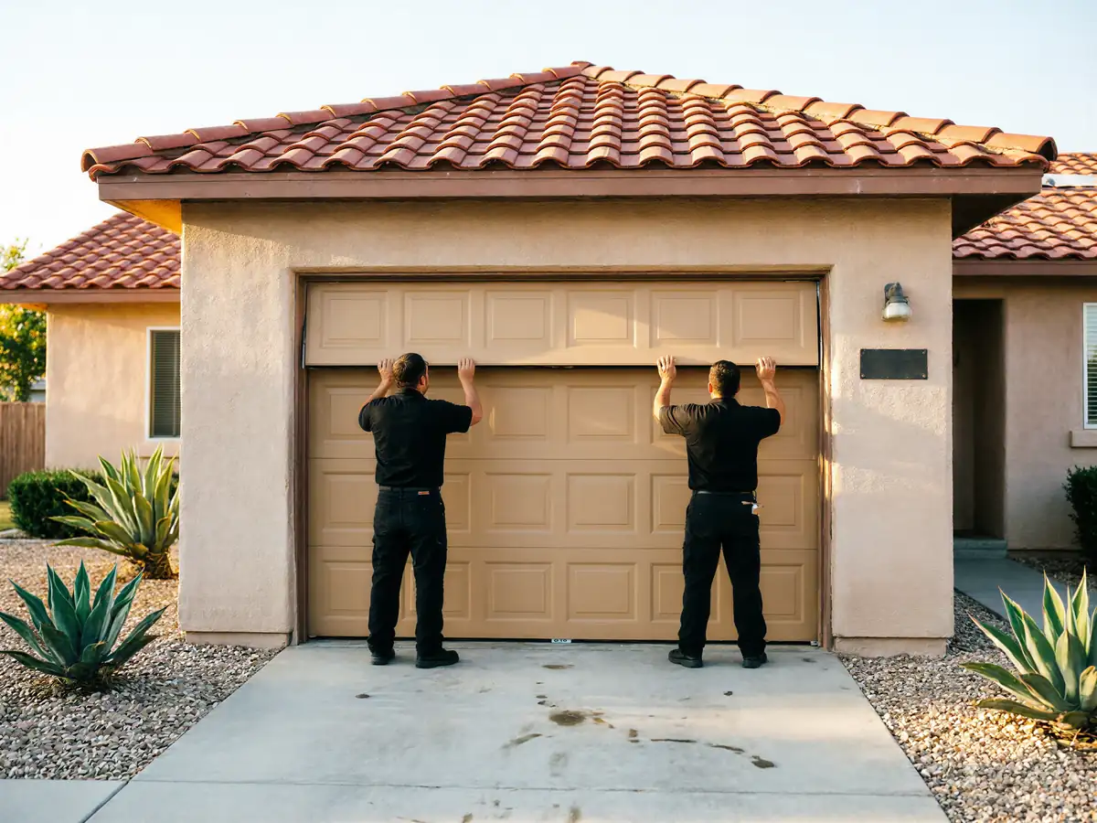 Two technicians are working on a tan garage door on a house.