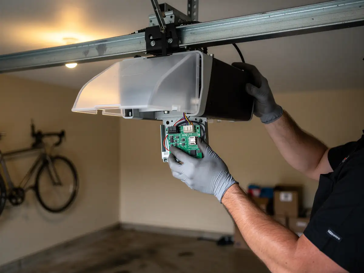 A technician wearing gloves works on the circuit board of a garage door opener.