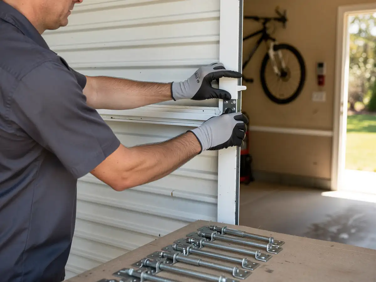 A technician in gloves installs a white garage door panel.