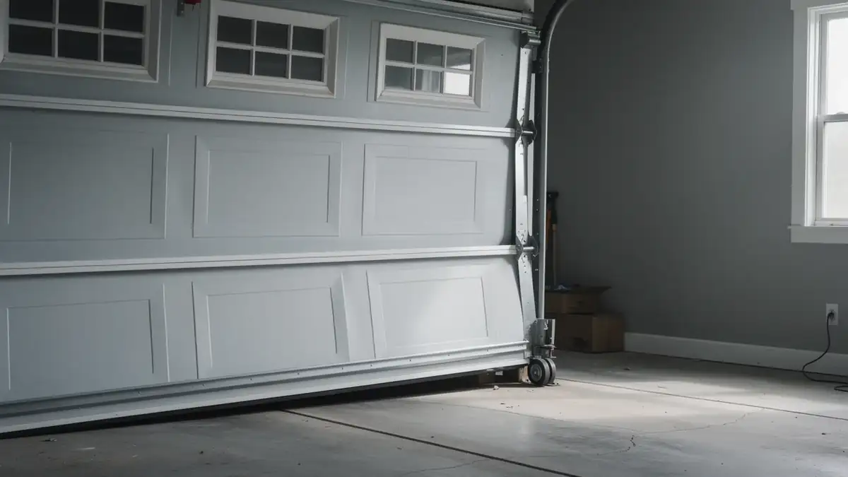 The light gray garage door is off its track and crooked.